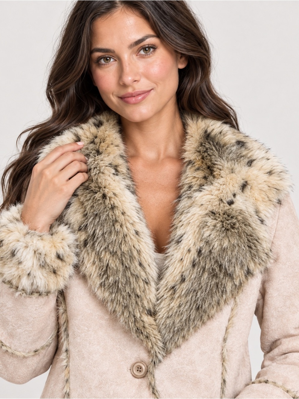 Penny Lane Y2K Lynx Faux Fur Faux Suede Shearling Coat Boho 70s Vintage PM